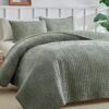 WARMDERN Luxury Velvet Quilt Set King Size, Cross Stitch Quilts Striped Bedding Set, Soft Lightweight Bedspread and Coverlet with 2 Pillow Shams for All Season, Green, 106" x 96" - Image 2