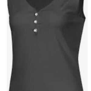 black sleeveless V-neck henley top